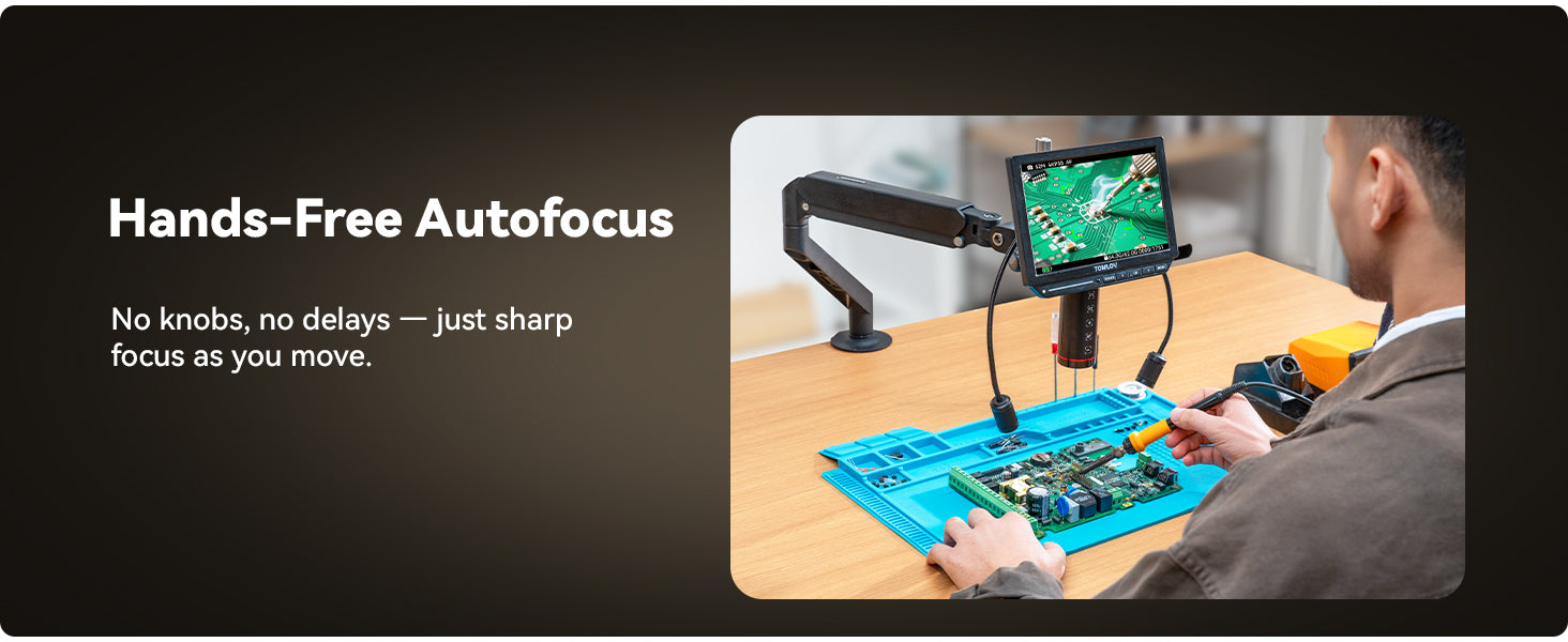 TOMLOV Autofocus Digital Microscope for Electronics 4k HDMI Microscopes 8" LCD Screen TM4K-AF Flex Arm PCB Welding Microscopes