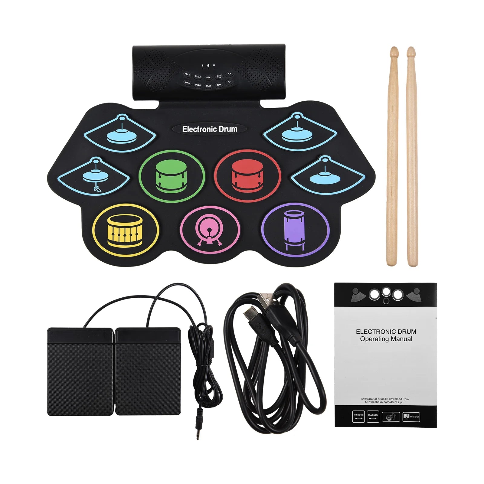 Electronic Drum Set Hand Roll Drum Percussion Instrument 9 Pads BT External Sound Drumsticks Foot Pedal MIDI Interface Speaker