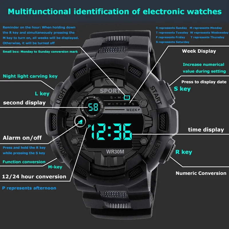 Electronic watch, trendy sports electronic watch for middle and high school students