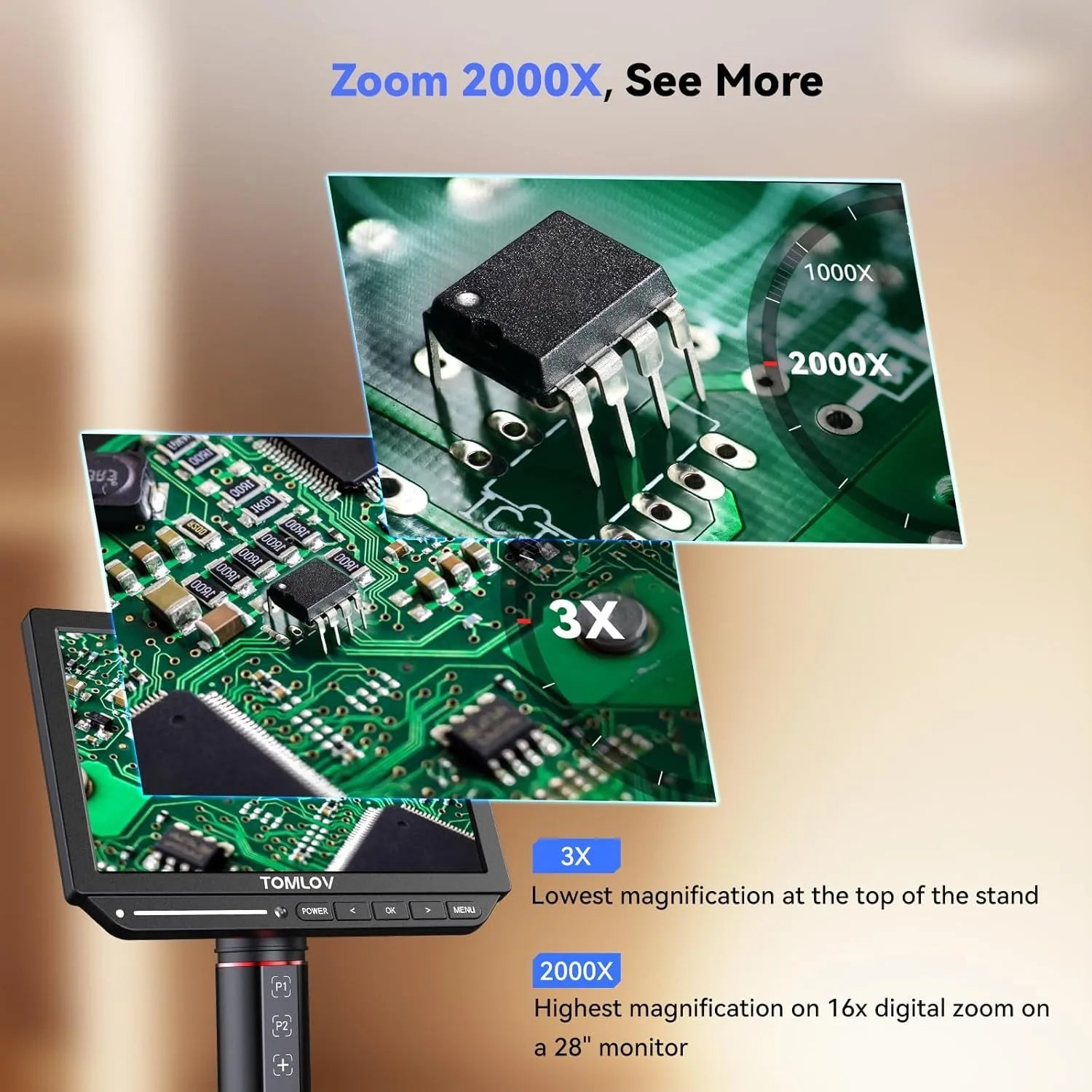 TOMLOV Autofocus Digital Microscope for Electronics 4k HDMI Microscopes 8" LCD Screen TM4K-AF Flex Arm PCB Welding Microscopes