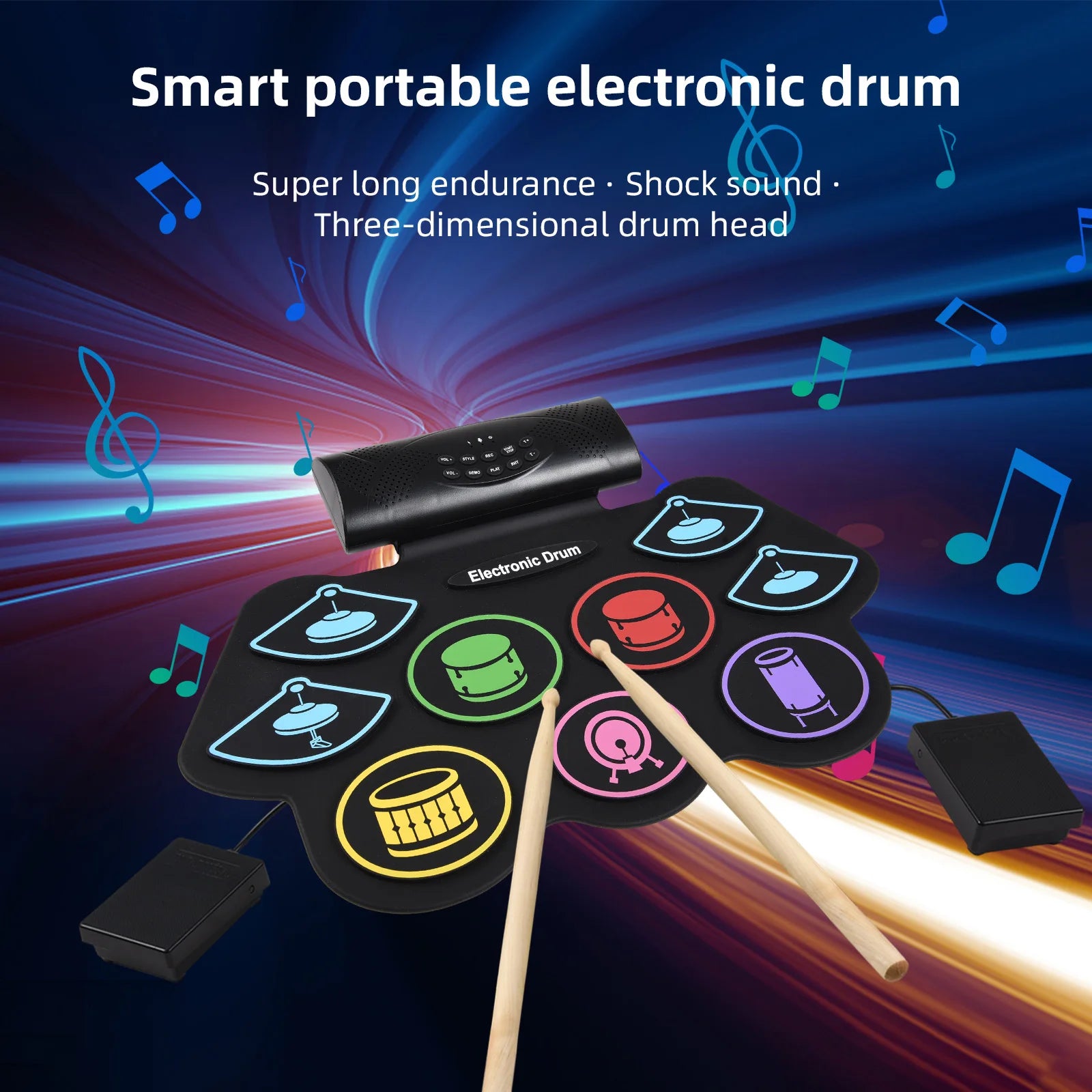 Electronic Drum Set Hand Roll Drum Percussion Instrument 9 Pads BT External Sound Drumsticks Foot Pedal MIDI Interface Speaker
