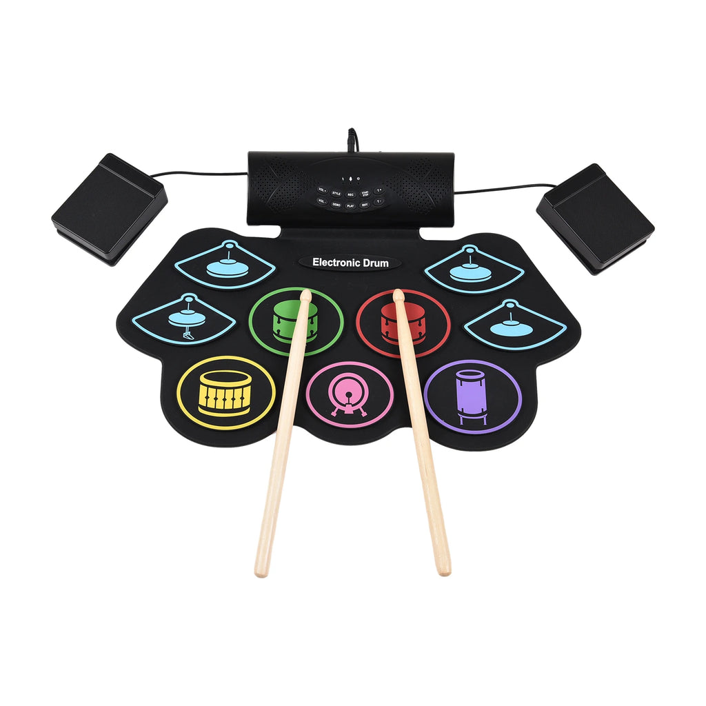 Electronic Drum Set Hand Roll Drum Percussion Instrument 9 Pads BT External Sound Drumsticks Foot Pedal MIDI Interface Speaker