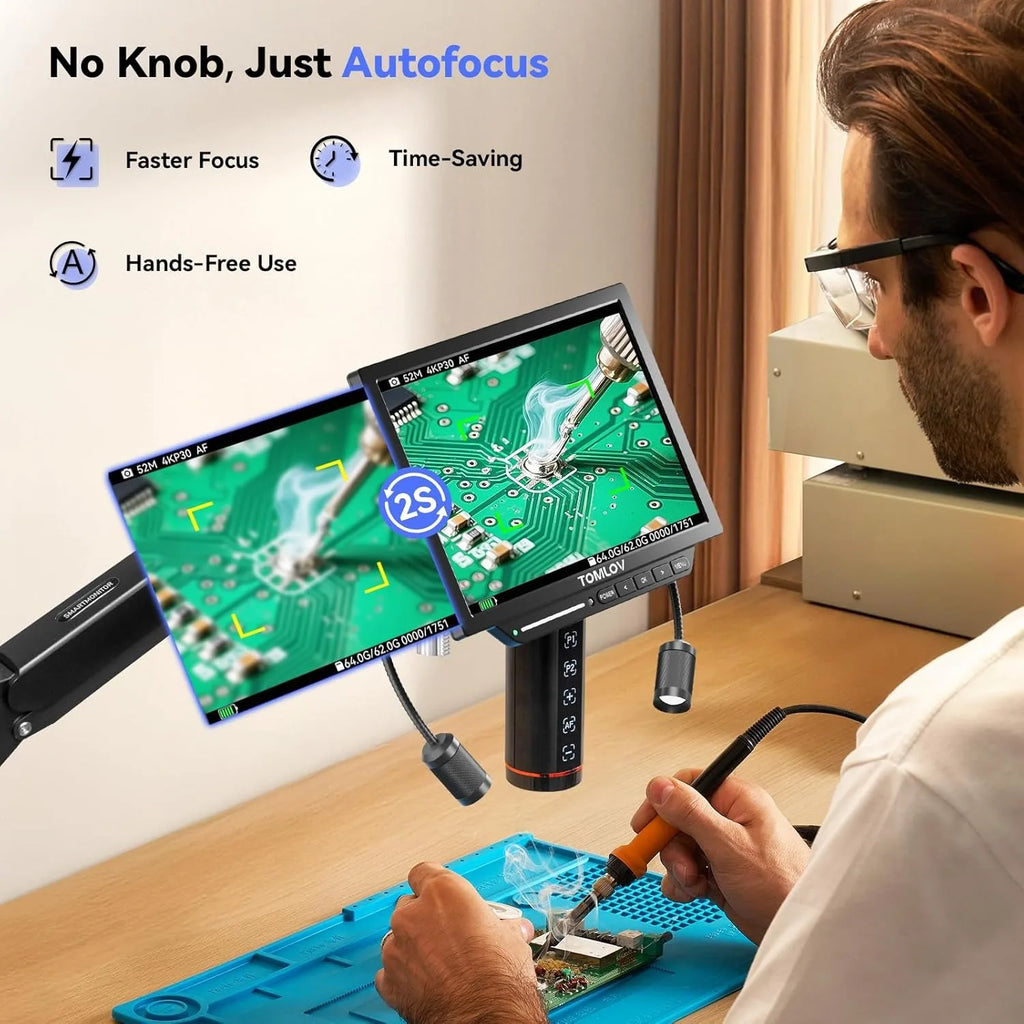 TOMLOV Autofocus Digital Microscope for Electronics 4k HDMI Microscopes 8" LCD Screen TM4K-AF Flex Arm PCB Welding Microscopes